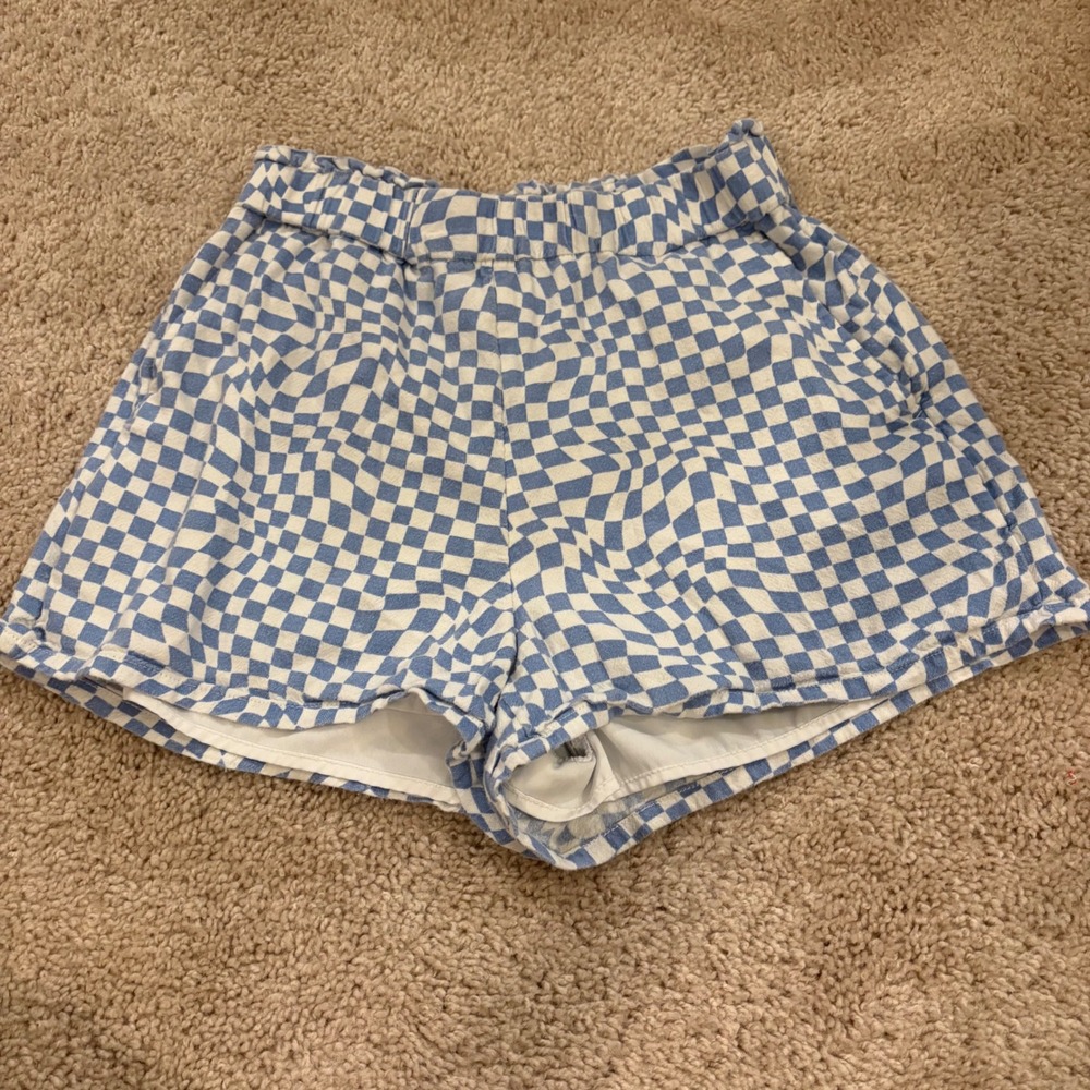 Hollister Ultra High-Rise XS Shorts Blue White Checkered‎ Elastic Waist Pockets